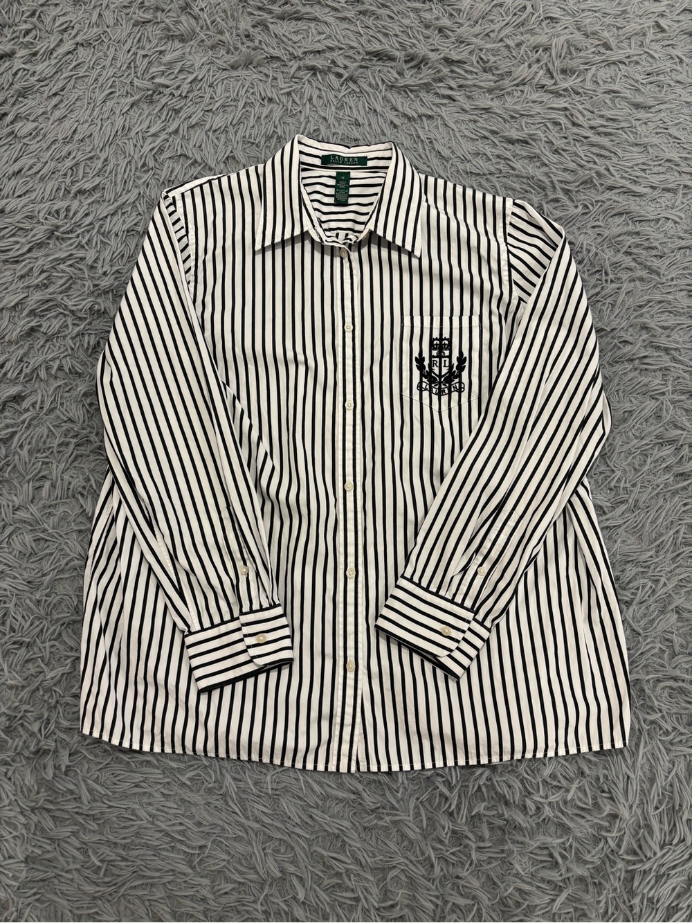 VTG Lauren Ralph Lauren Women’s Crest Button Up Shirt Black White Stripe Size 1X